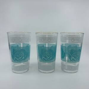 Set Of 3 MCM White/Aqua Libbey Cross Stitch Rose Pattern Glass Cups Drinkware